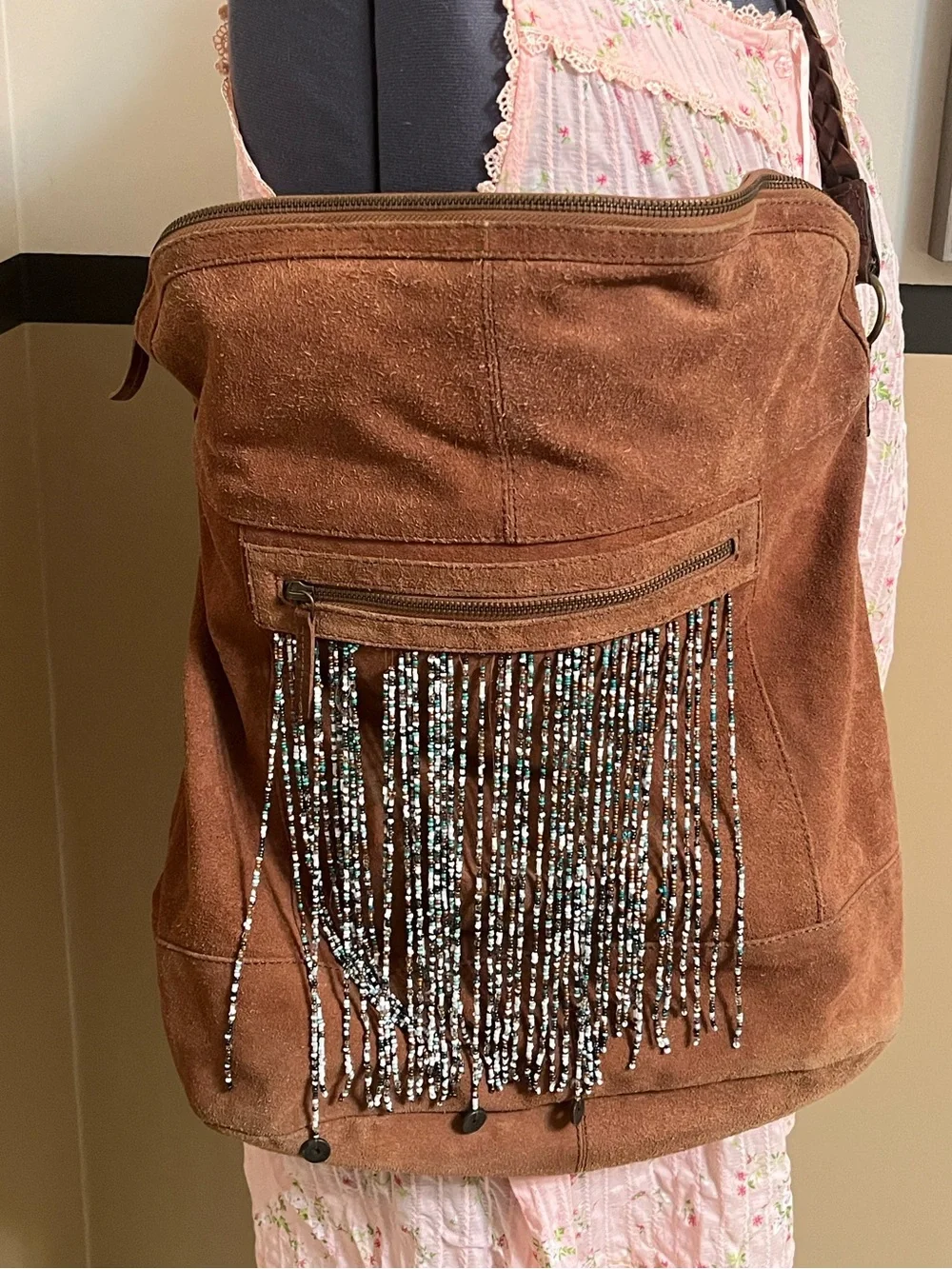 Free People Suede Hobo Shoulder Bag beaded fringe braided shoulder strap BOHO